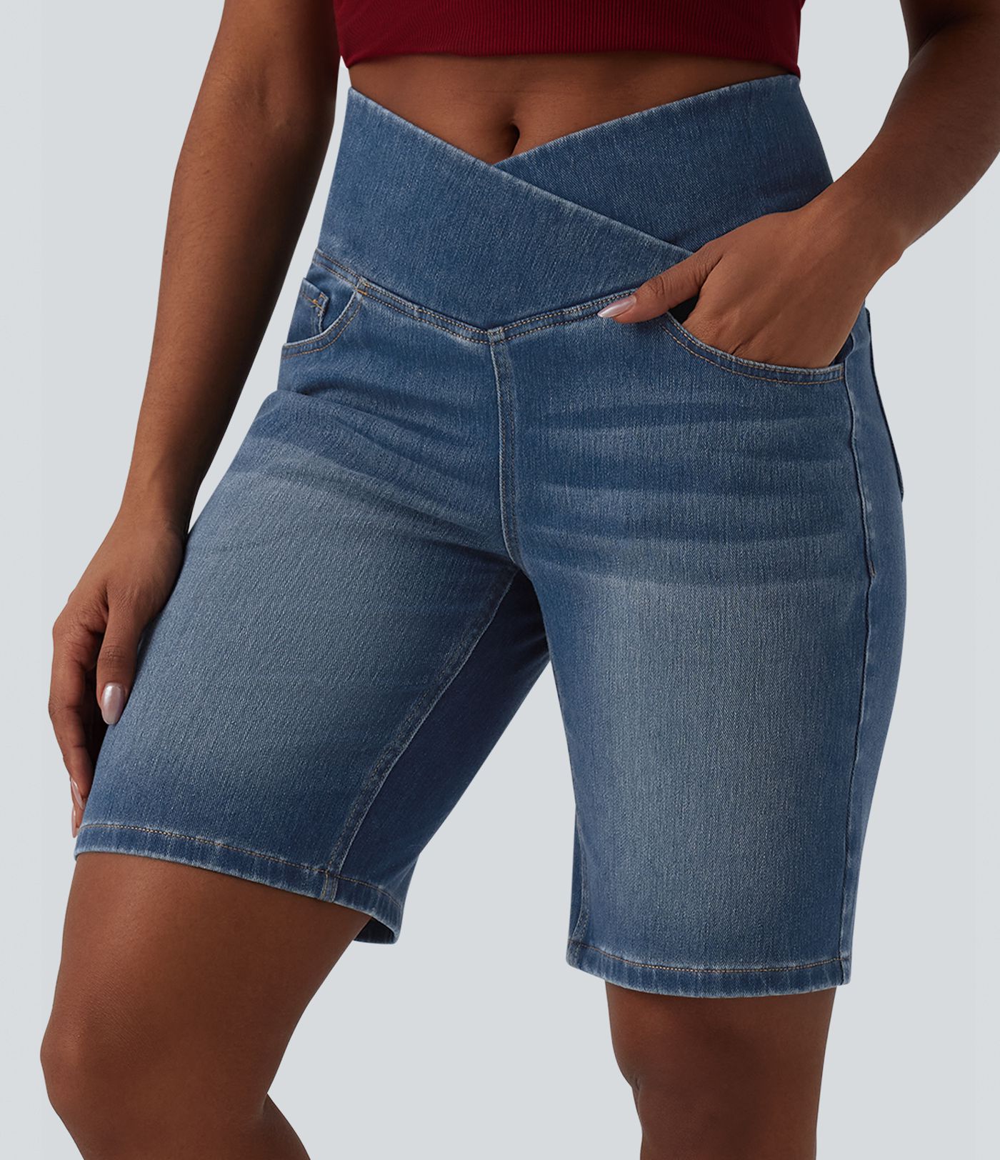 Halara Flex™ High Waisted Crossover Tummy Control Denim Casual Shorts with Pockets