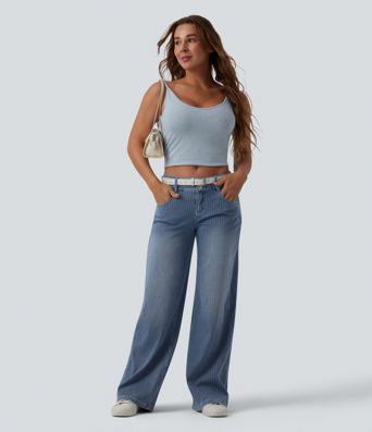 Halara Flex™ - Lässige Jeans mit niedrigem Bund, mehreren Taschen, Streifen und weitem Bein