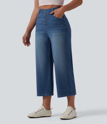 Halara Flex™ drapierte, verkürzte High-Waist-Jeans mit weitem Bein, lässigem Stil und Taschen