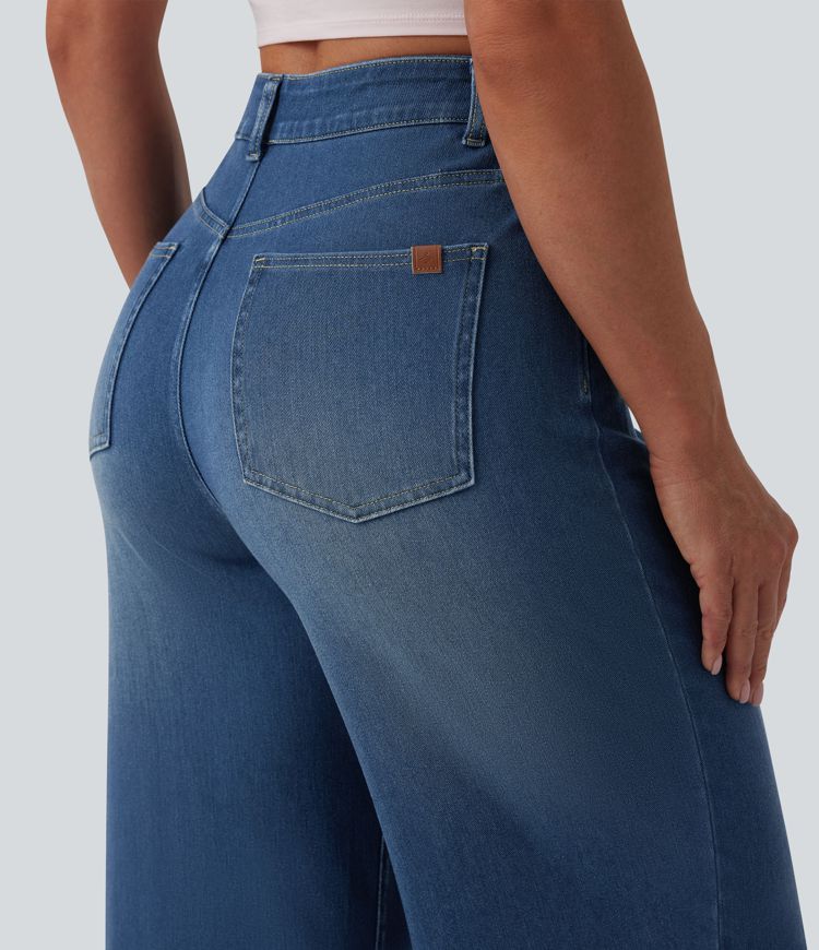 Halara Flex™ drapierte, verkürzte High-Waist-Jeans mit weitem Bein, lässigem Stil und Taschen