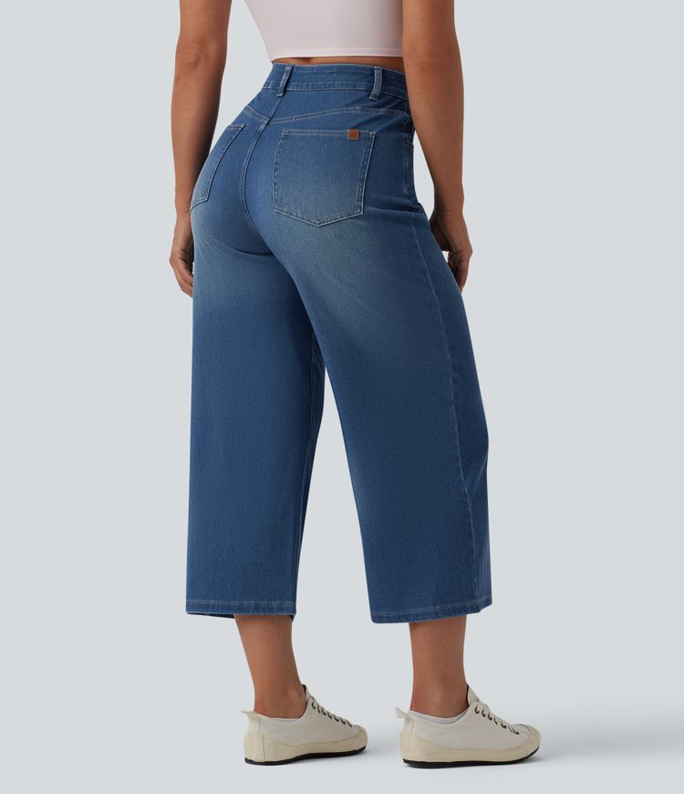 Halara Flex™ drapierte, verkürzte High-Waist-Jeans mit weitem Bein, lässigem Stil und Taschen