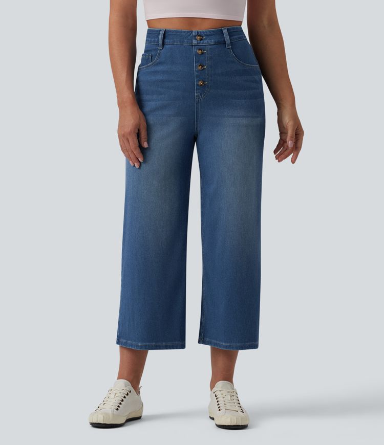 Halara Flex™ drapierte, verkürzte High-Waist-Jeans mit weitem Bein, lässigem Stil und Taschen