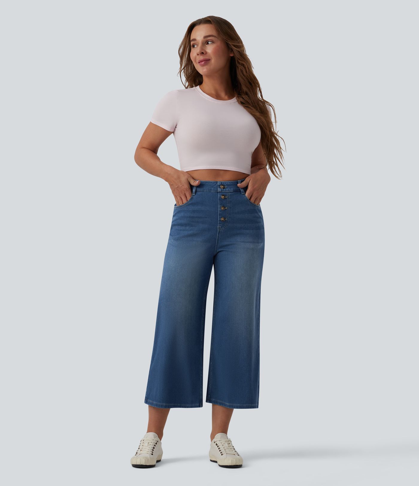 Halara Flex™ drapierte, verkürzte High-Waist-Jeans mit weitem Bein, lässigem Stil und Taschen