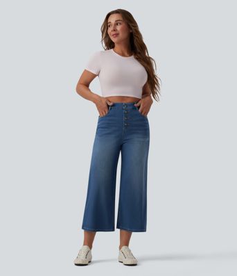 Halara Flex™ drapierte, verkürzte High-Waist-Jeans mit weitem Bein, lässigem Stil und Taschen