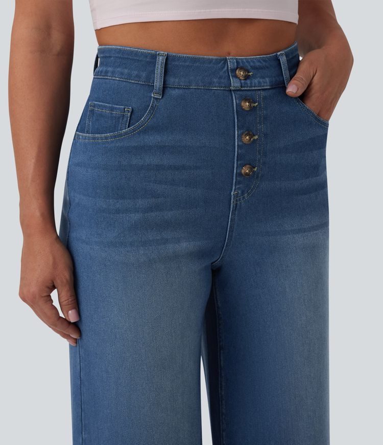 Halara Flex™ drapierte, verkürzte High-Waist-Jeans mit weitem Bein, lässigem Stil und Taschen