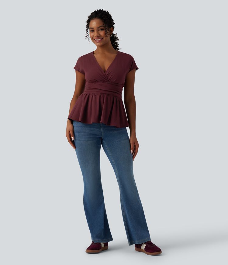 V Neck Cap Sleeve Ruffle Hem Casual Linen-Feel Top V Neck Cap Sleeve Ruffle Hem Casual Linen-Feel Top