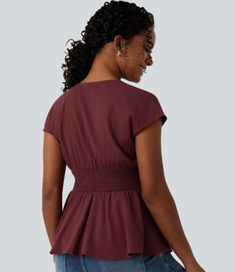 V Neck Cap Sleeve Ruffle Hem Casual Linen-Feel Top V Neck Cap Sleeve Ruffle Hem Casual Linen-Feel Top