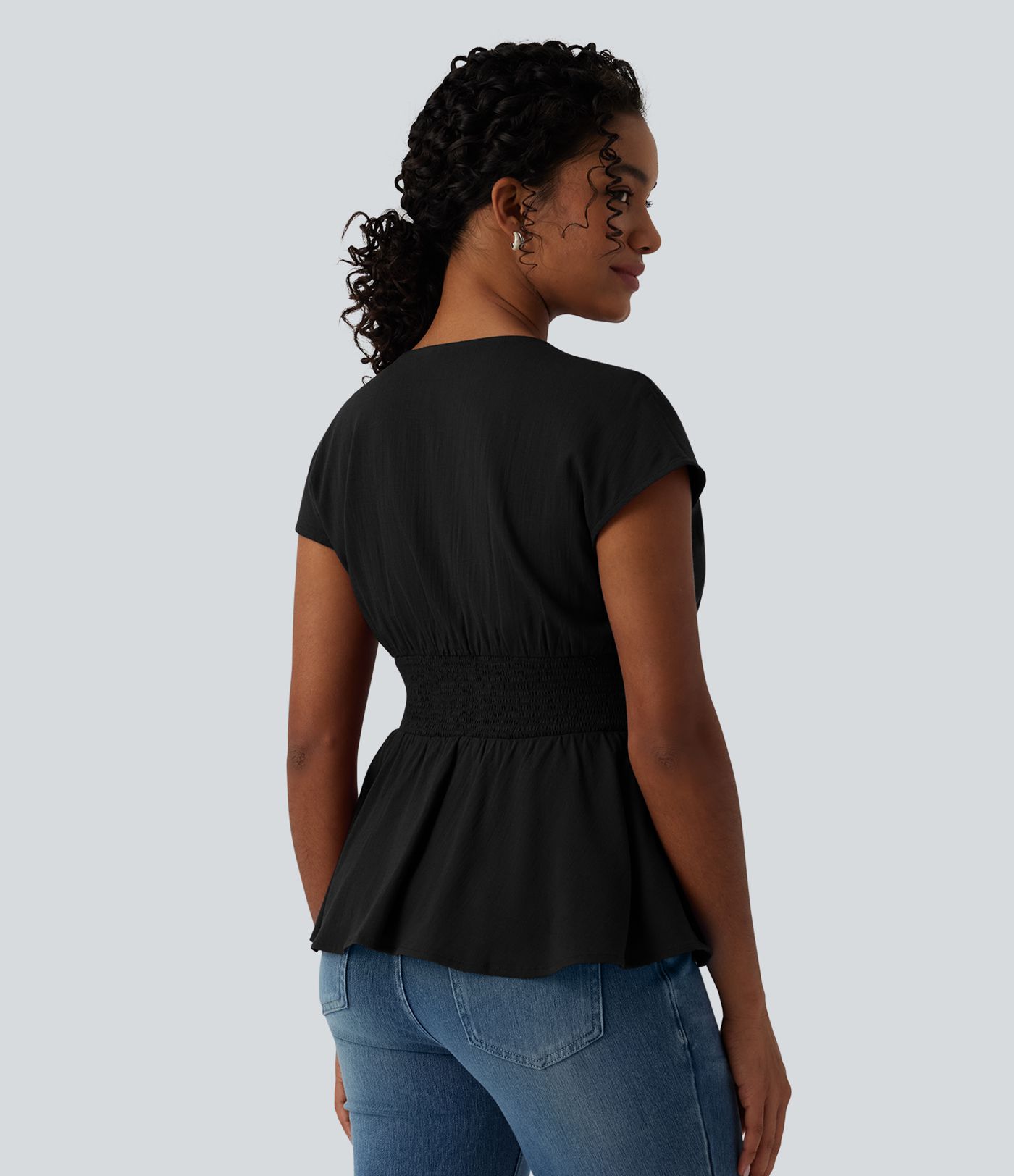 V Neck Cap Sleeve Ruffle Hem Casual Linen-Feel Top V Neck Cap Sleeve Ruffle Hem Casual Linen-Feel Top