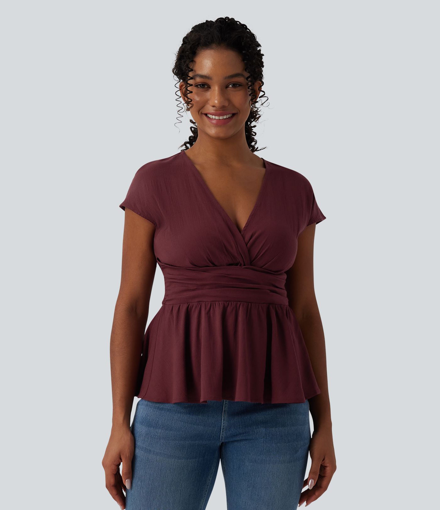 V Neck Cap Sleeve Ruffle Hem Casual Linen-Feel Top V Neck Cap Sleeve Ruffle Hem Casual Linen-Feel Top