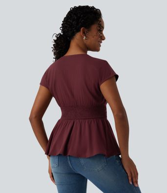 V Neck Cap Sleeve Ruffle Hem Casual Linen-Feel Top V Neck Cap Sleeve Ruffle Hem Casual Linen-Feel Top