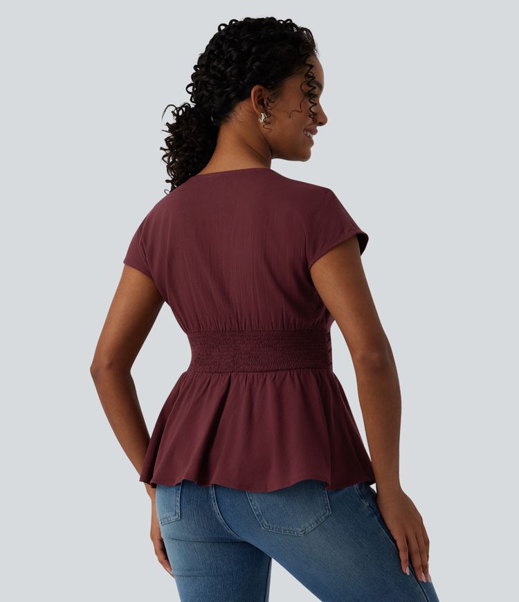 V Neck Cap Sleeve Ruffle Hem Casual Linen-Feel Top V Neck Cap Sleeve Ruffle Hem Casual Linen-Feel Top