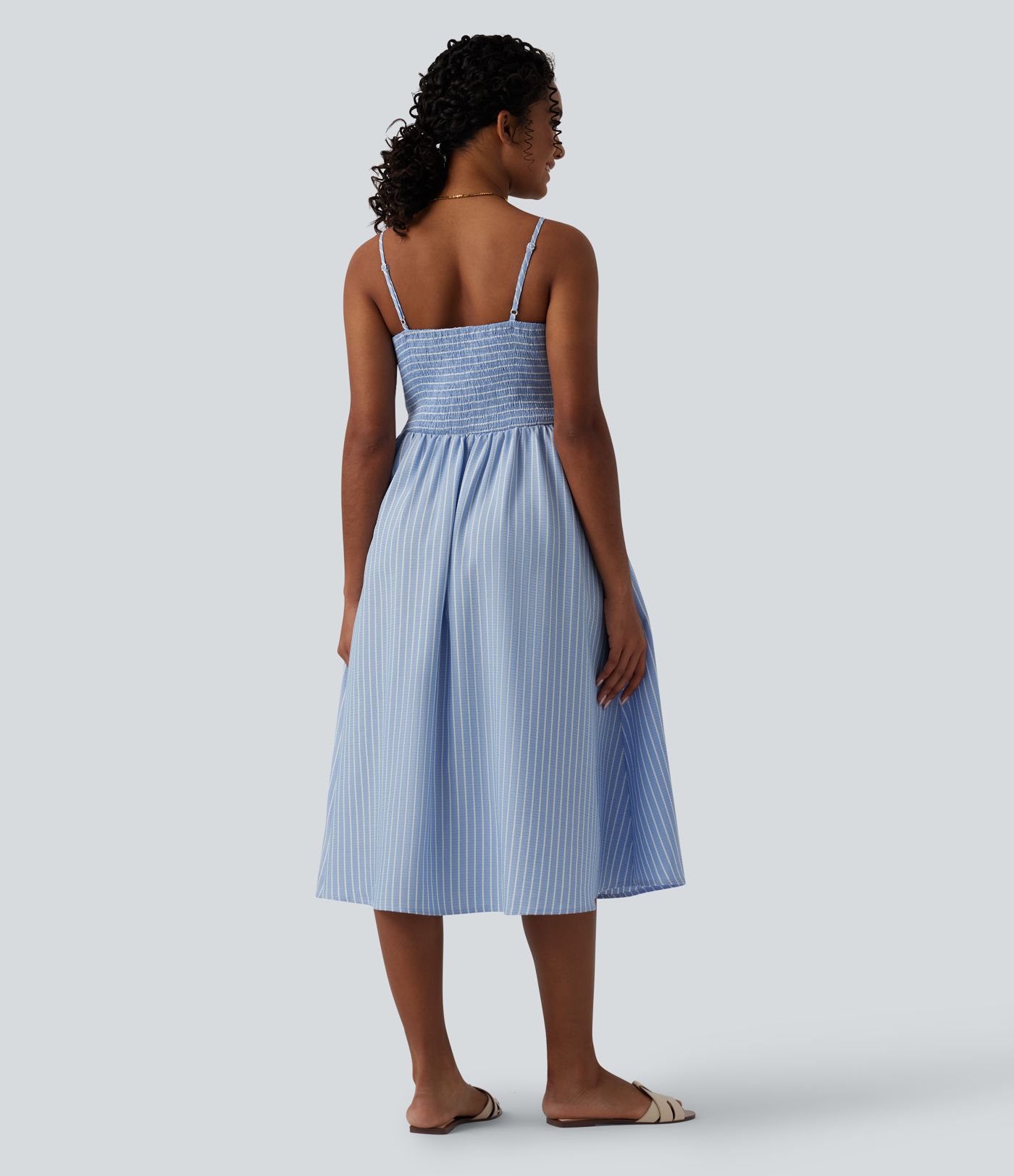 Robe nuisette midi rayée à fronces avec poches