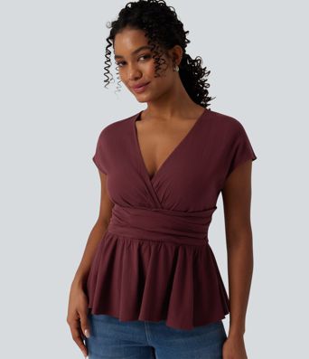 V Neck Cap Sleeve Ruffle Hem Casual Linen-Feel Top V Neck Cap Sleeve Ruffle Hem Casual Linen-Feel Top
