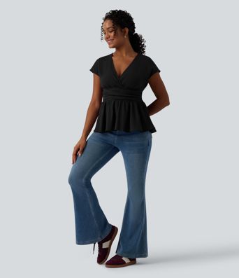V Neck Cap Sleeve Ruffle Hem Casual Linen-Feel Top V Neck Cap Sleeve Ruffle Hem Casual Linen-Feel Top