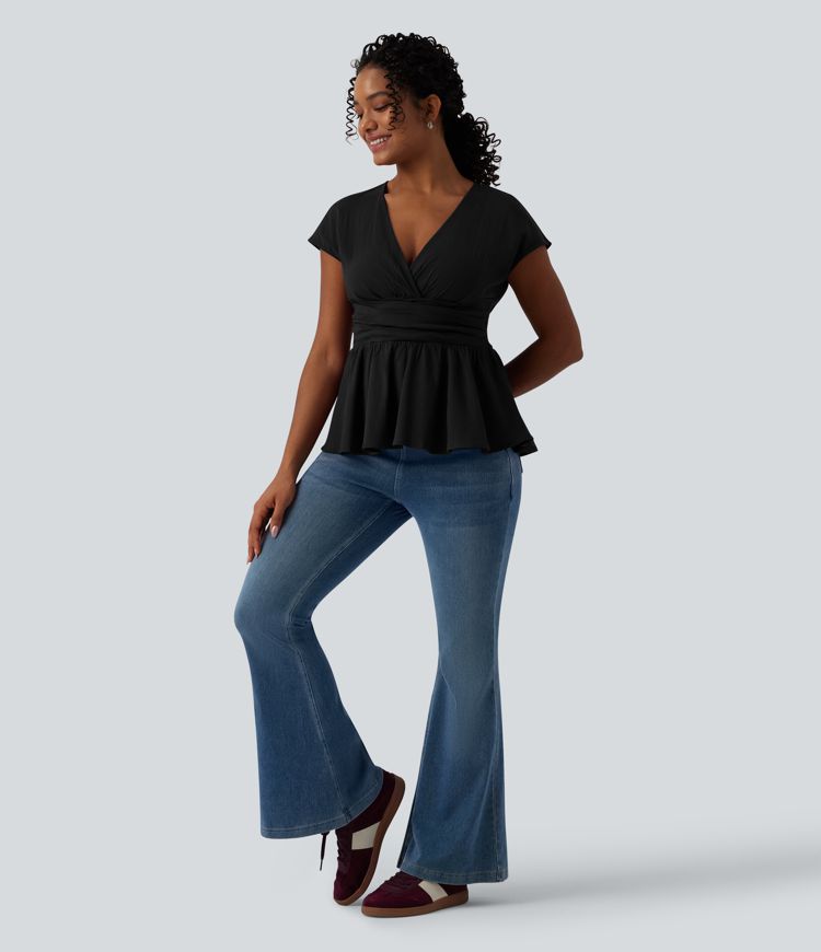 V Neck Cap Sleeve Ruffle Hem Casual Linen-Feel Top V Neck Cap Sleeve Ruffle Hem Casual Linen-Feel Top