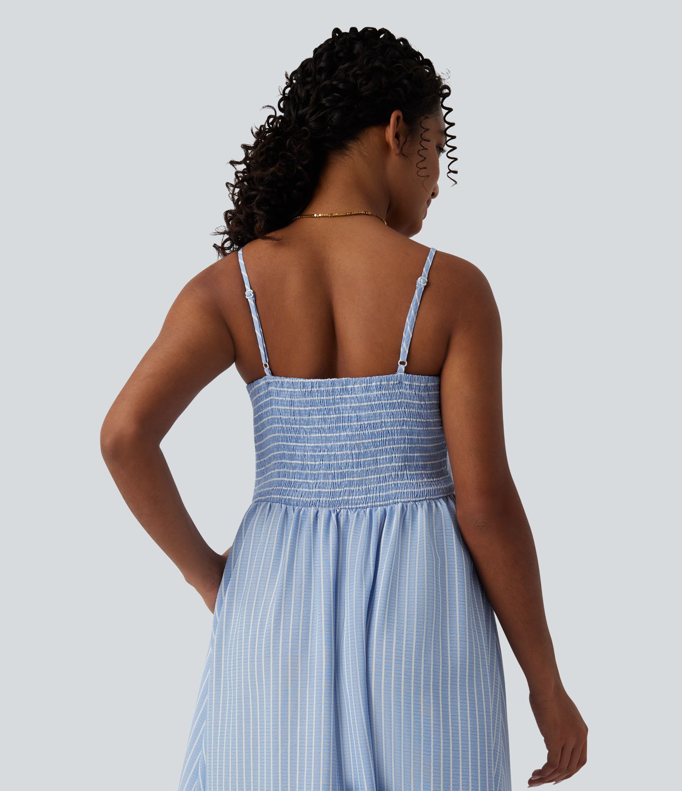 Robe nuisette midi rayée à fronces avec poches