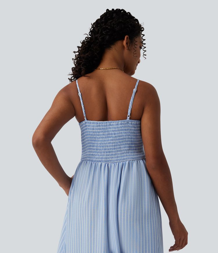 Robe nuisette midi rayée à fronces avec poches