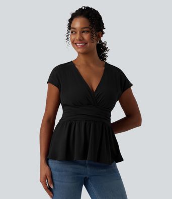V Neck Cap Sleeve Ruffle Hem Casual Linen-Feel Top V Neck Cap Sleeve Ruffle Hem Casual Linen-Feel Top