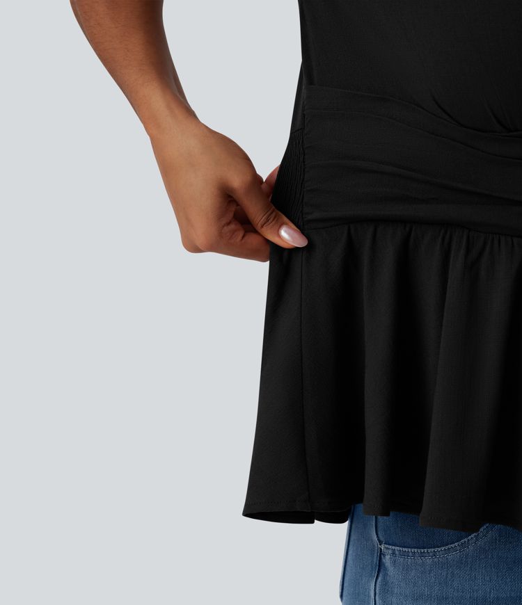 V Neck Cap Sleeve Ruffle Hem Casual Linen-Feel Top V Neck Cap Sleeve Ruffle Hem Casual Linen-Feel Top