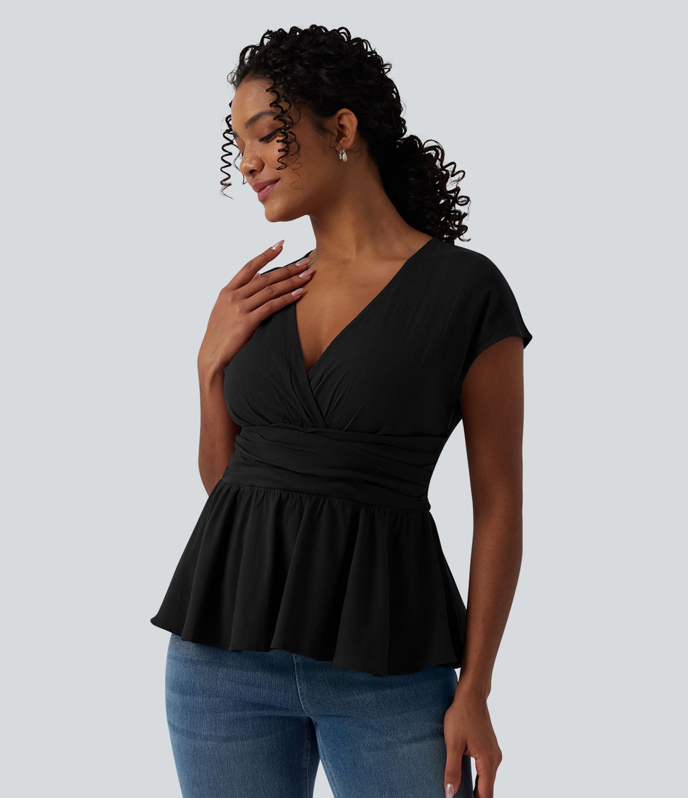 V Neck Cap Sleeve Ruffle Hem Casual Linen-Feel Top V Neck Cap Sleeve Ruffle Hem Casual Linen-Feel Top