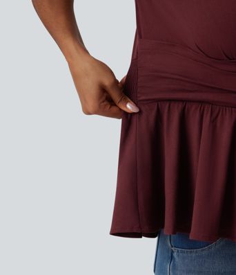 V Neck Cap Sleeve Ruffle Hem Casual Linen-Feel Top V Neck Cap Sleeve Ruffle Hem Casual Linen-Feel Top