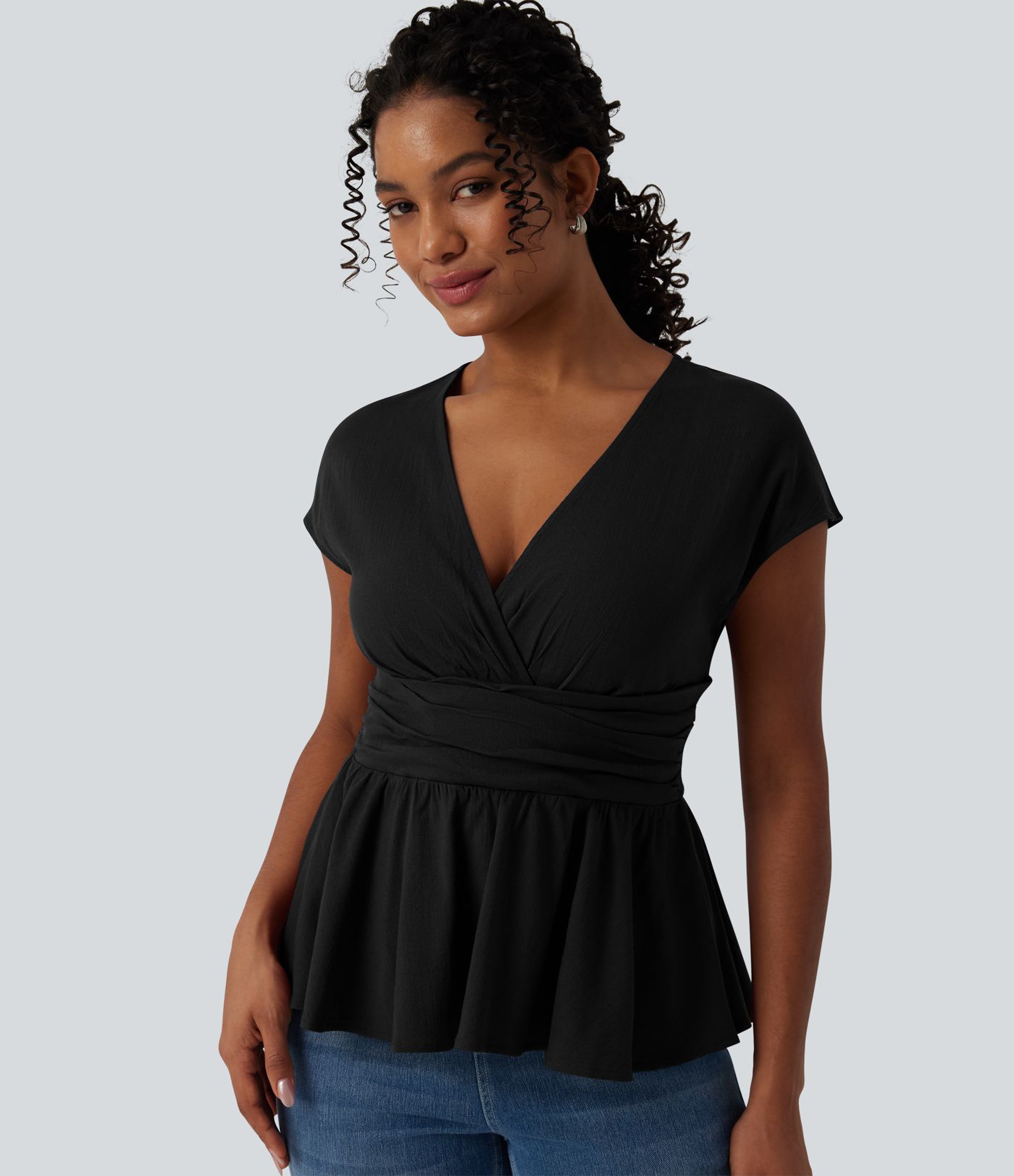V Neck Cap Sleeve Ruffle Hem Casual Linen-Feel Top V Neck Cap Sleeve Ruffle Hem Casual Linen-Feel Top
