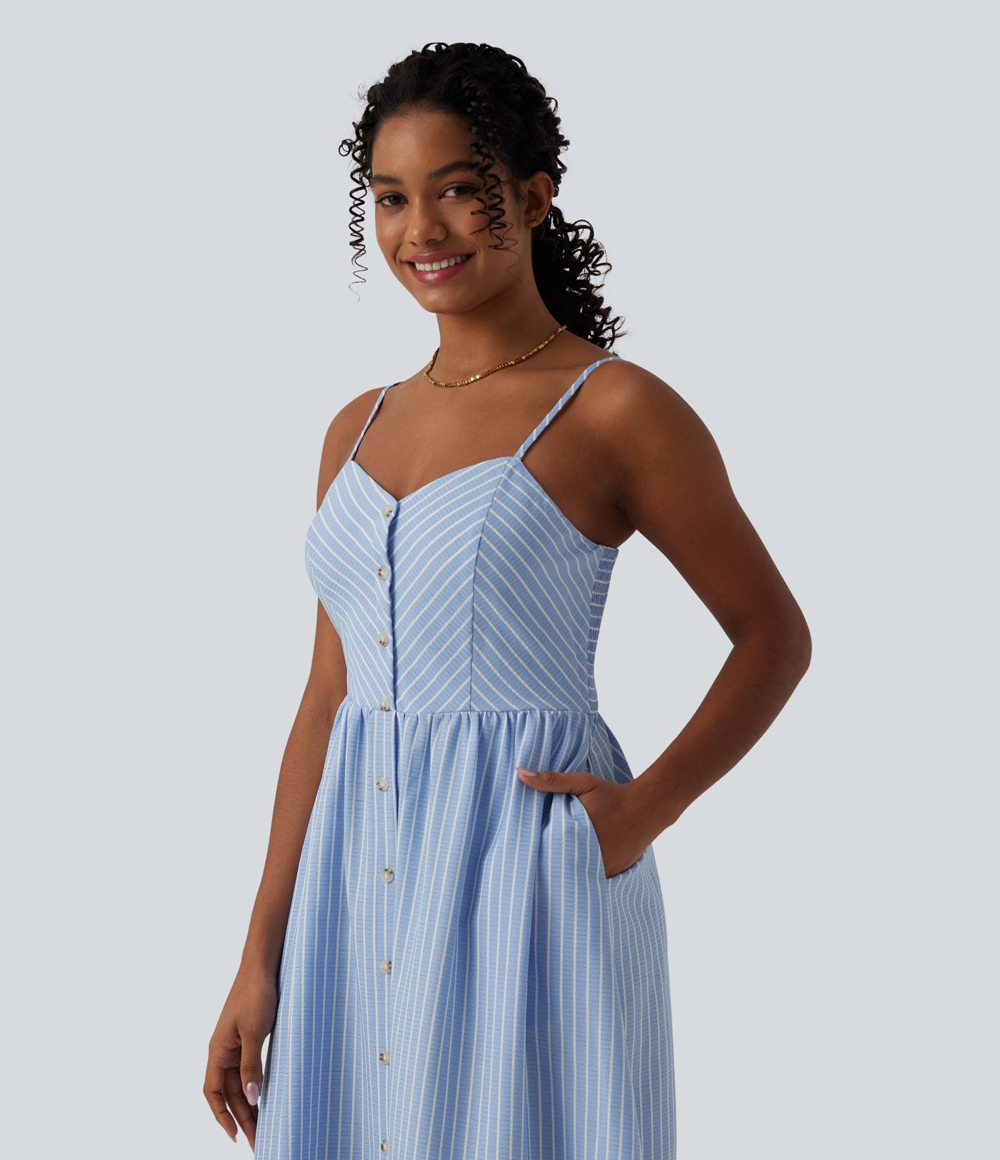 Robe nuisette midi rayée à fronces avec poches