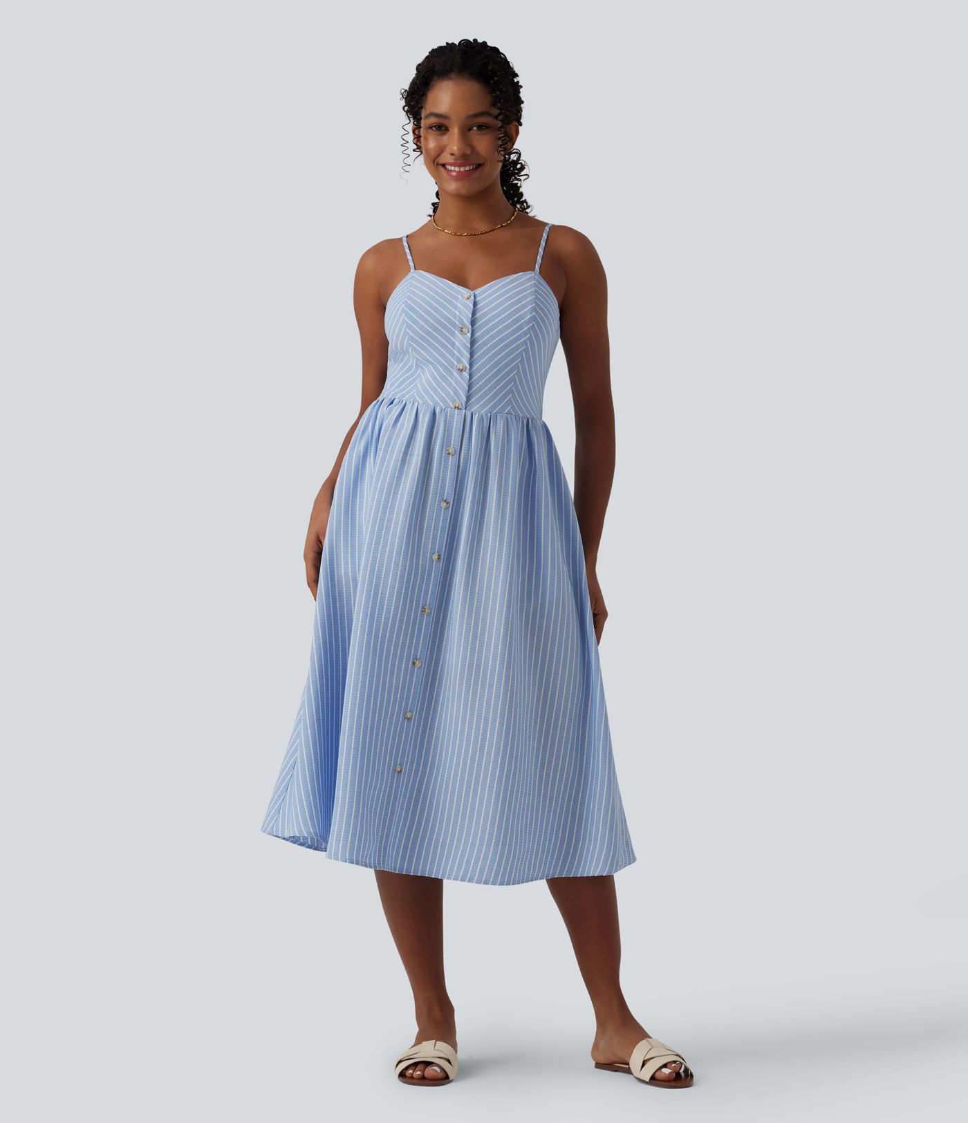 Robe nuisette midi rayée à fronces avec poches