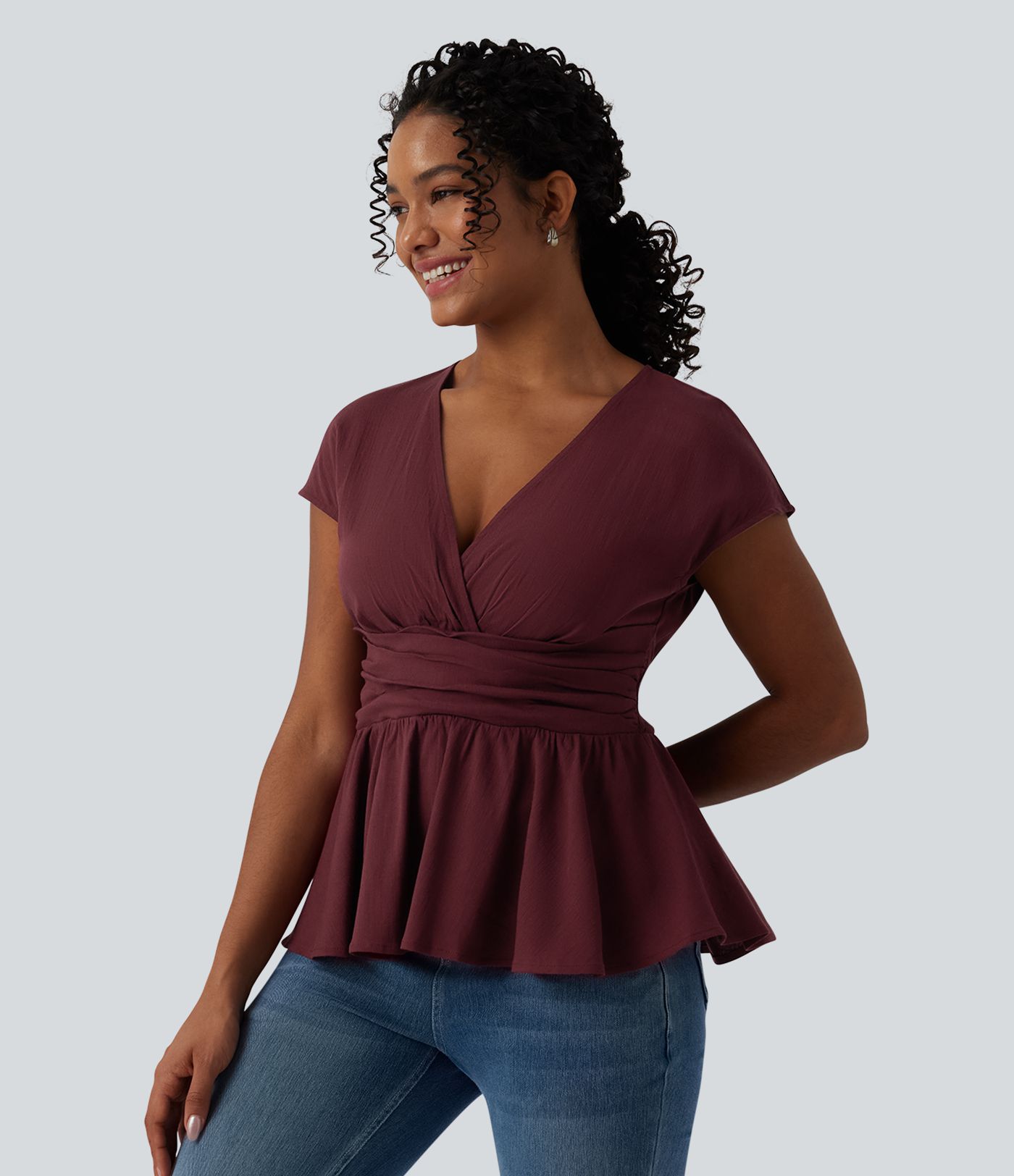 V Neck Cap Sleeve Ruffle Hem Casual Linen-Feel Top V Neck Cap Sleeve Ruffle Hem Casual Linen-Feel Top