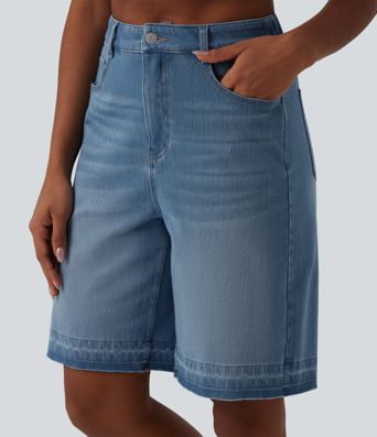 Halara Flex™ hoch taillierte Denim-Bermuda-Shorts mit Taschen