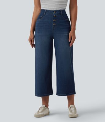 Halara Flex™ vaqueros de talle alto, drapeados, cropped, casuales, de pierna ancha con bolsillos