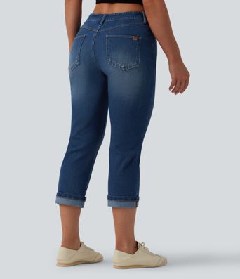 Halara Flex™ Jean casual raccourci taille basse à ourlet retroussé, avec poches