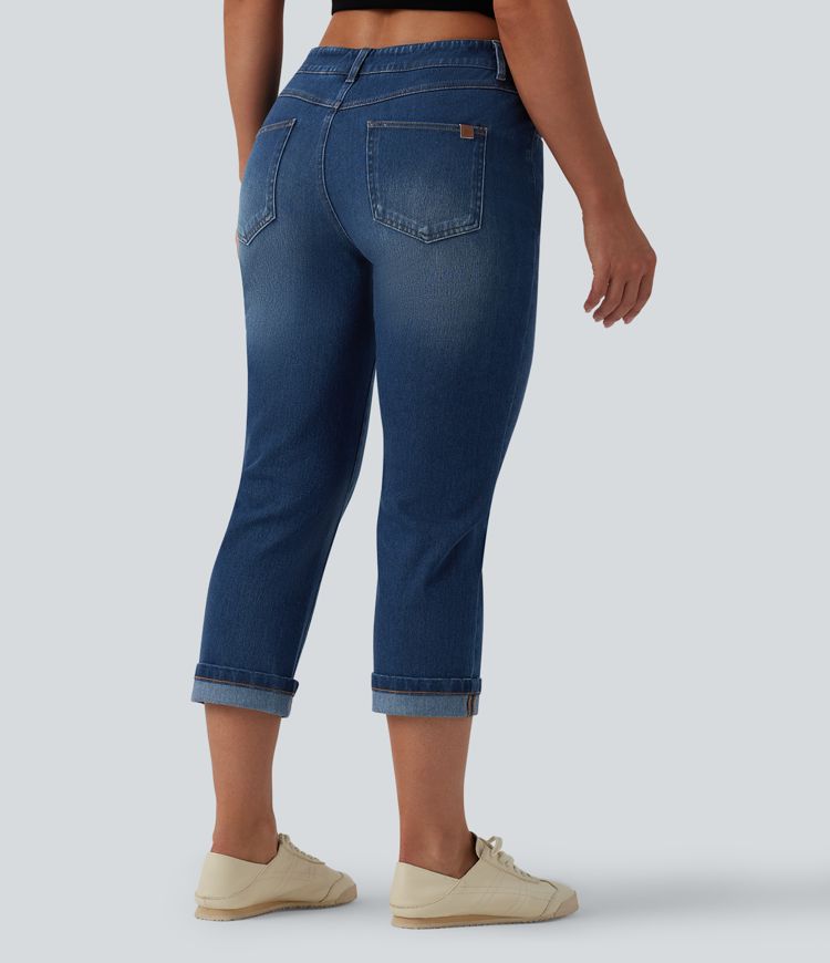 Halara Flex™ Jean casual raccourci taille basse à ourlet retroussé, avec poches