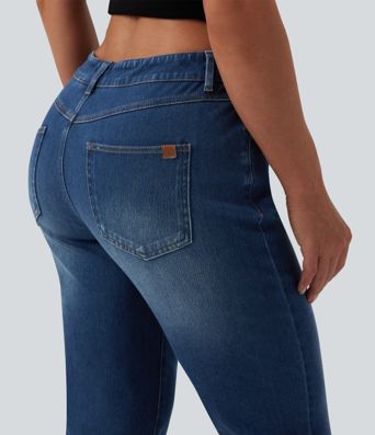 Halara Flex™ Jean casual raccourci taille basse à ourlet retroussé, avec poches