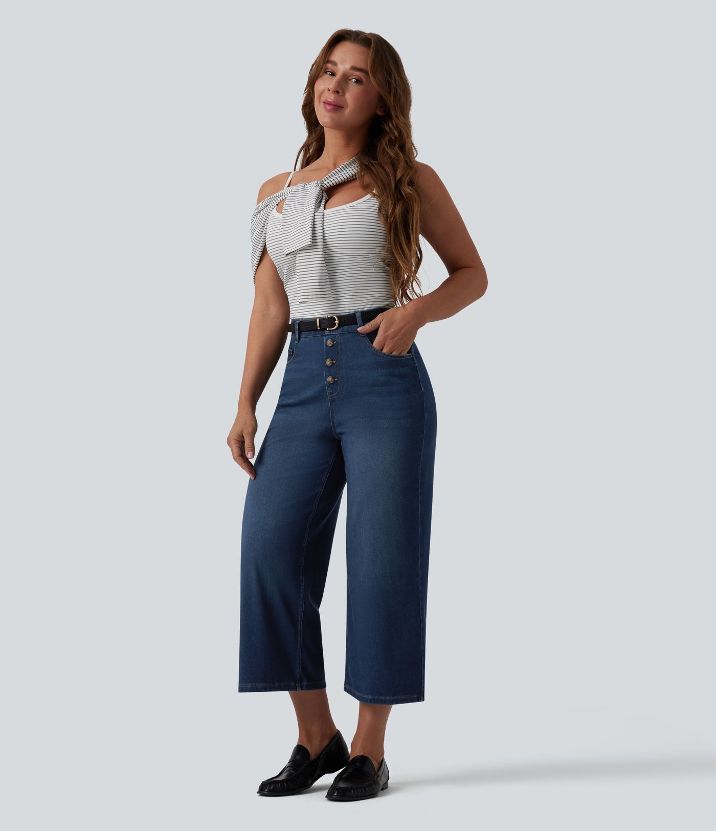 Halara Flex™ vaqueros de talle alto, drapeados, cropped, casuales, de pierna ancha con bolsillos