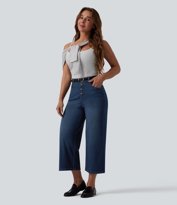 Halara Flex™ vaqueros de talle alto, drapeados, cropped, casuales, de pierna ancha con bolsillos