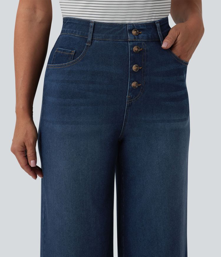Halara Flex™ vaqueros de talle alto, drapeados, cropped, casuales, de pierna ancha con bolsillos