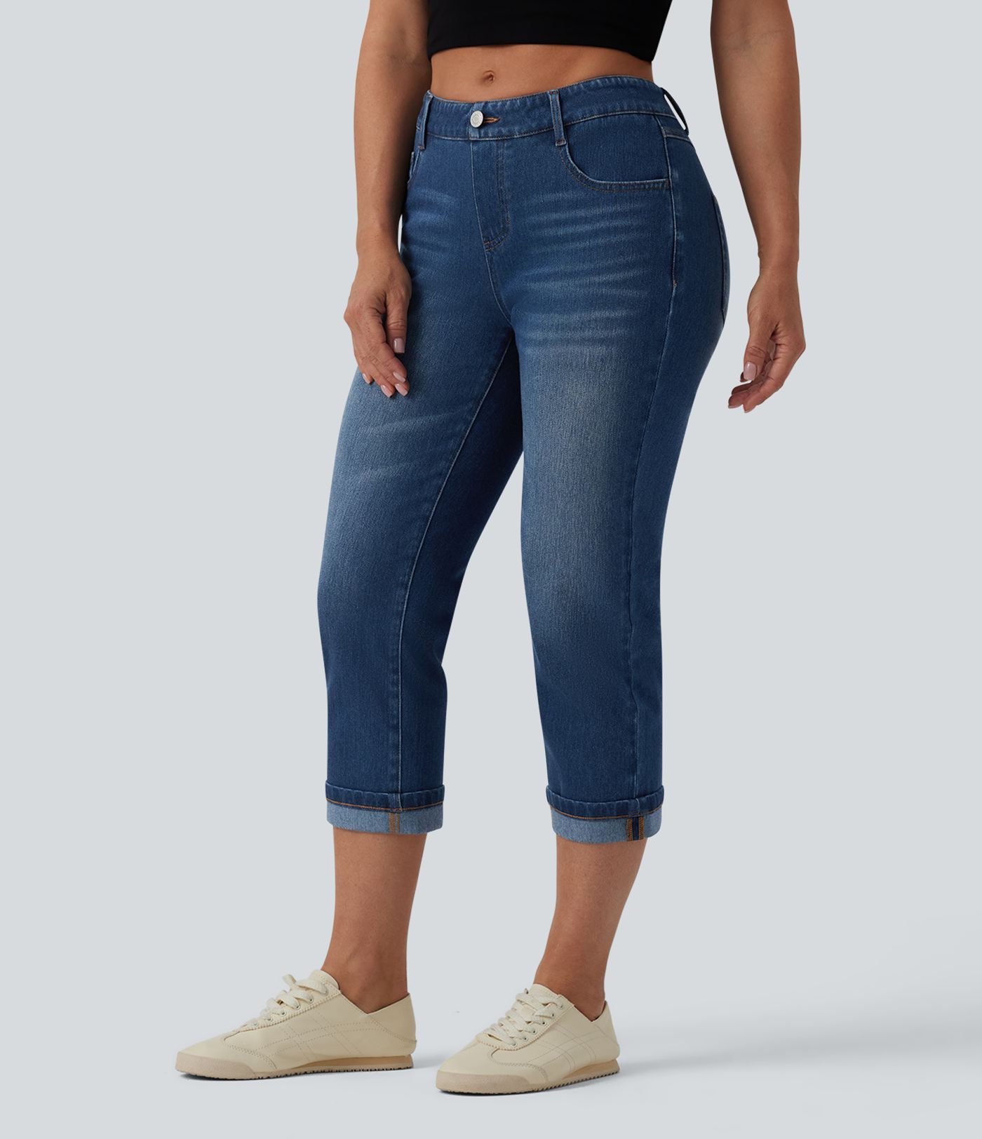 Halara Flex™ Jean casual raccourci taille basse à ourlet retroussé, avec poches