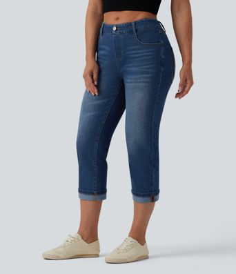 Halara Flex™ Jean casual raccourci taille basse à ourlet retroussé, avec poches