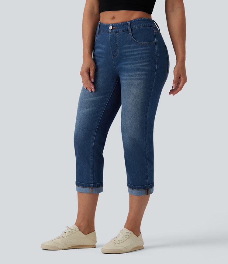 Halara Flex™ Jean casual raccourci taille basse à ourlet retroussé, avec poches