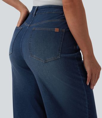 Halara Flex™ vaqueros de talle alto, drapeados, cropped, casuales, de pierna ancha con bolsillos