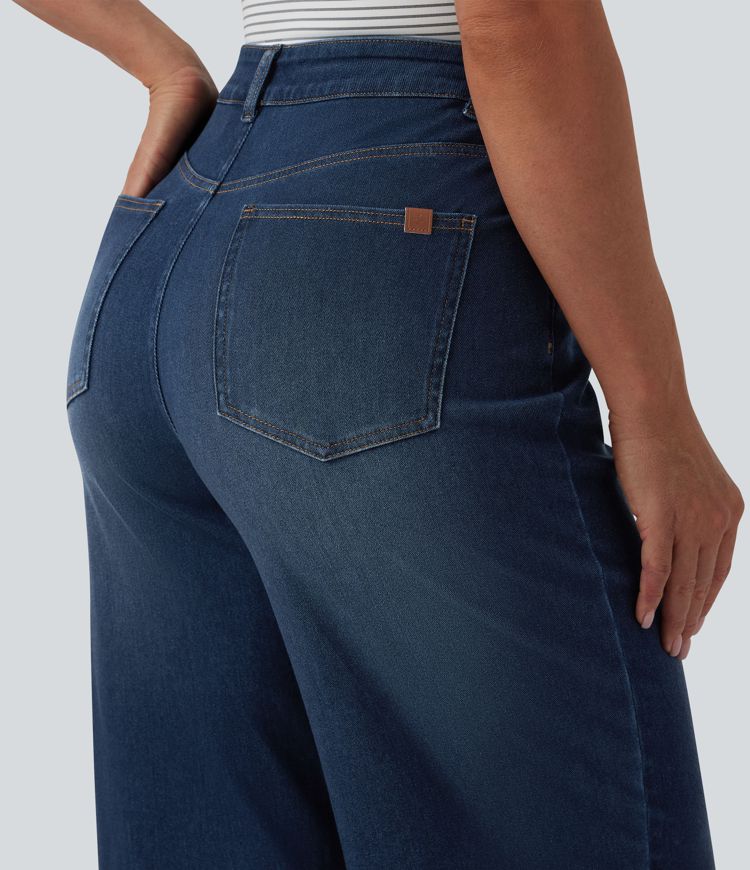 Halara Flex™ vaqueros de talle alto, drapeados, cropped, casuales, de pierna ancha con bolsillos