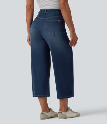 Halara Flex™ vaqueros de talle alto, drapeados, cropped, casuales, de pierna ancha con bolsillos
