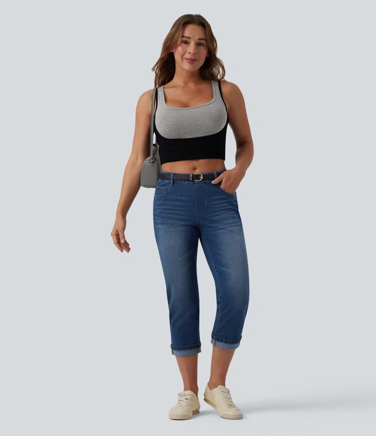 Halara Flex™ Jean casual raccourci taille basse à ourlet retroussé, avec poches