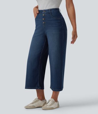 Halara Flex™ vaqueros de talle alto, drapeados, cropped, casuales, de pierna ancha con bolsillos