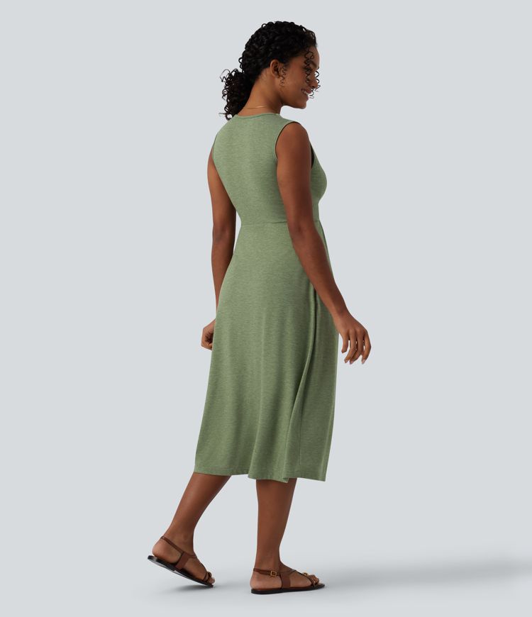 V Neck Sleeveless A-Line Midi Casual Dress with Pockets