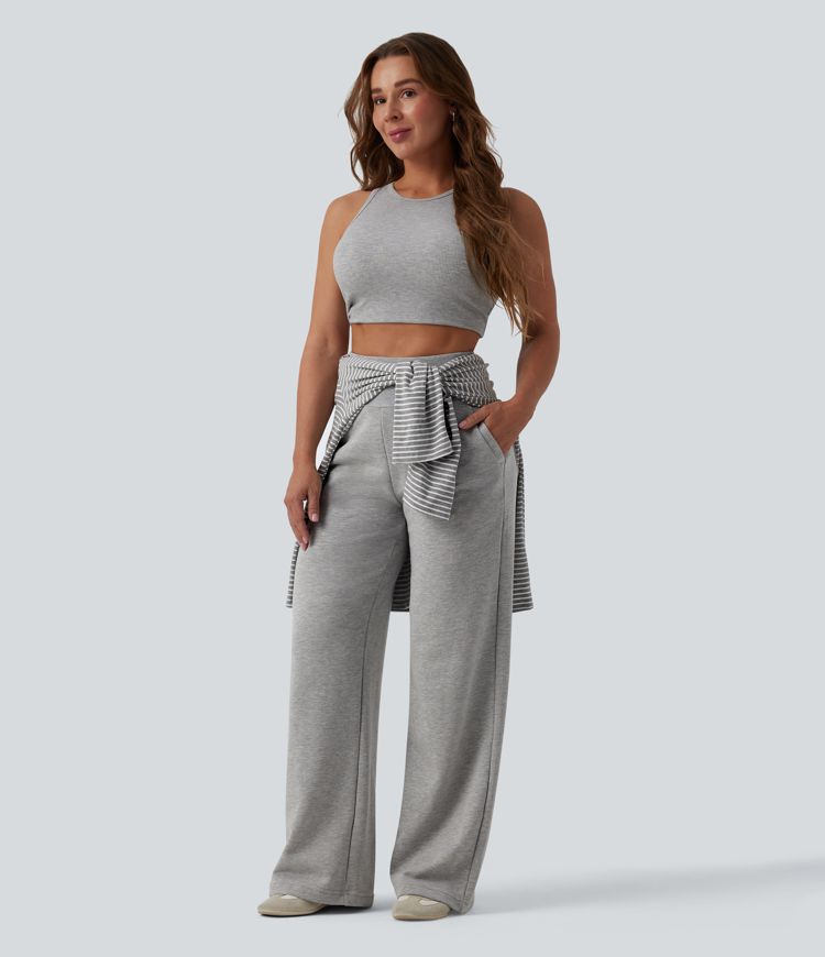 Lässige Baumwoll-Jogginghose mit hohem Bund, mehreren Taschen und weitem Bein