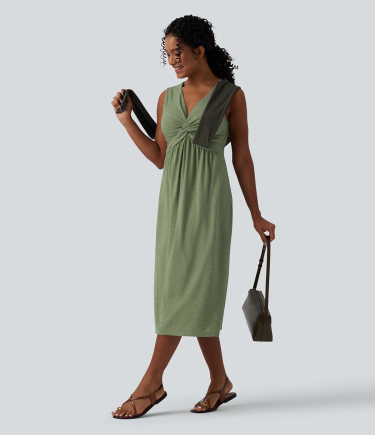 V Neck Sleeveless A-Line Midi Casual Dress with Pockets