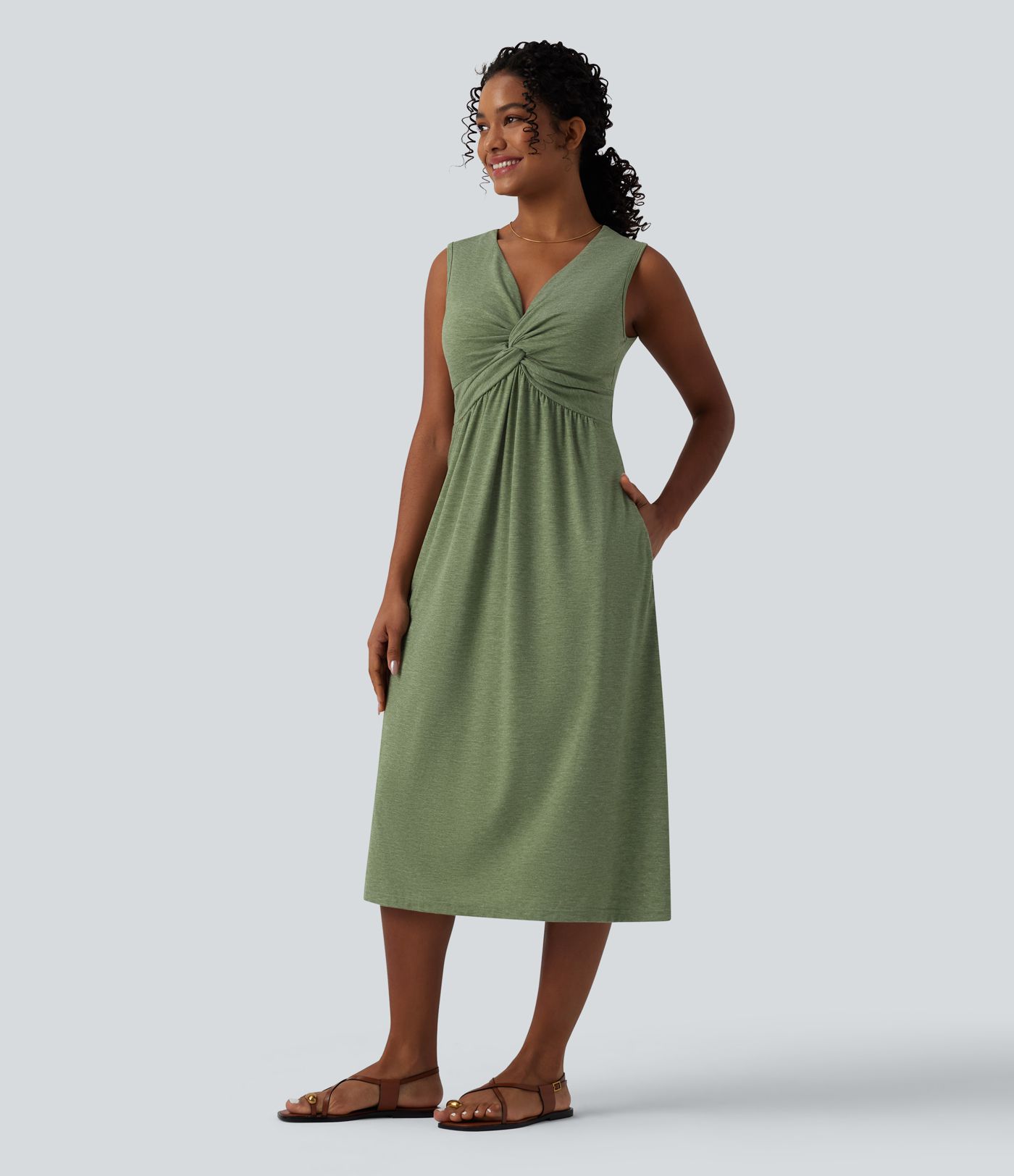 V Neck Sleeveless A-Line Midi Casual Dress with Pockets