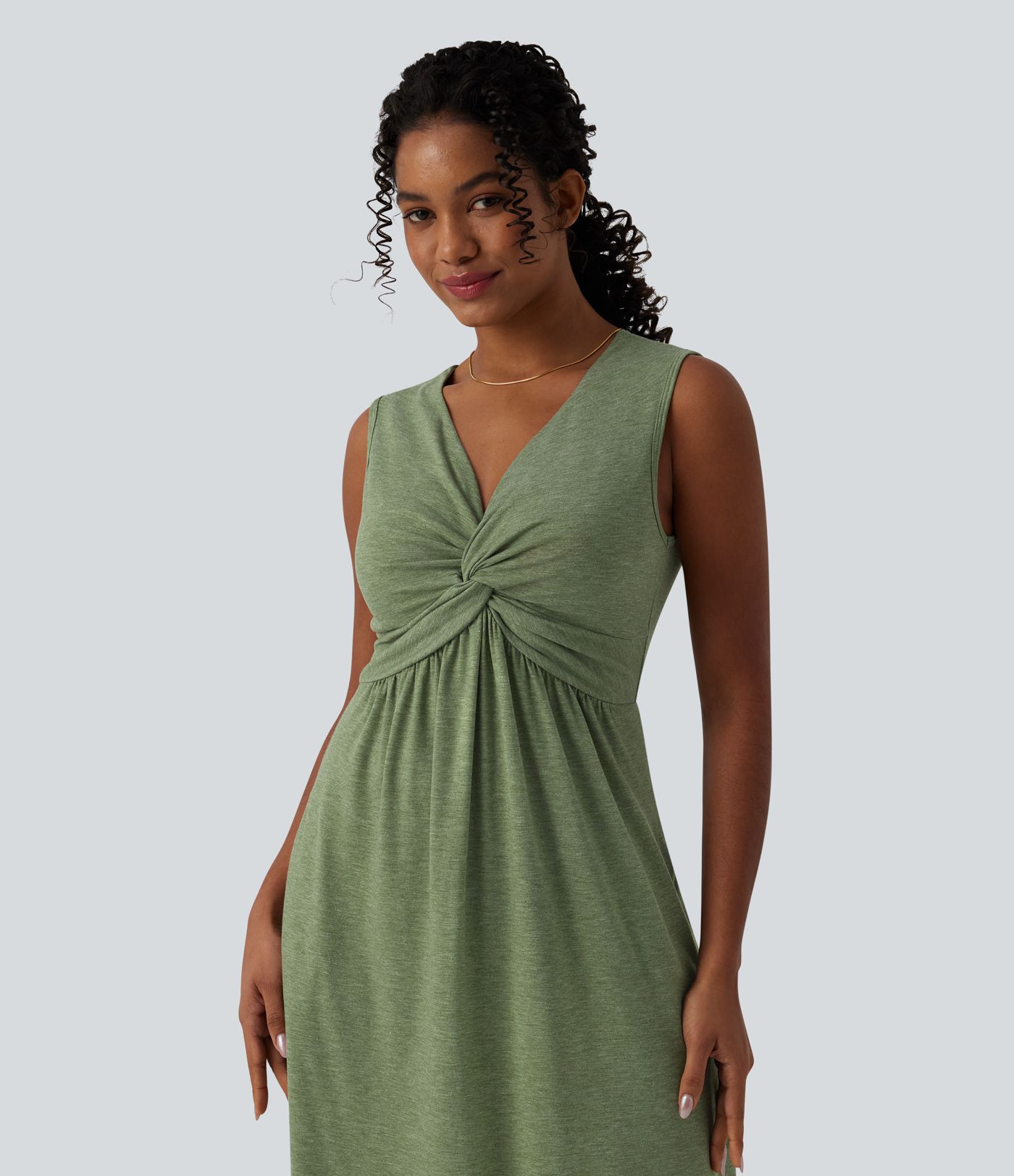V Neck Sleeveless A-Line Midi Casual Dress with Pockets